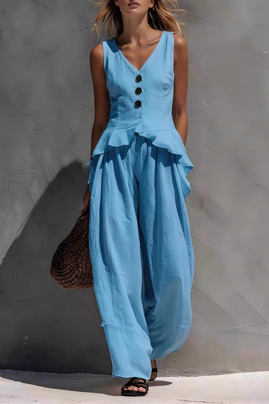 Sleeveless V-neck Ruffled Tank Top Draping Wide-leg Pants Two-piece Set 