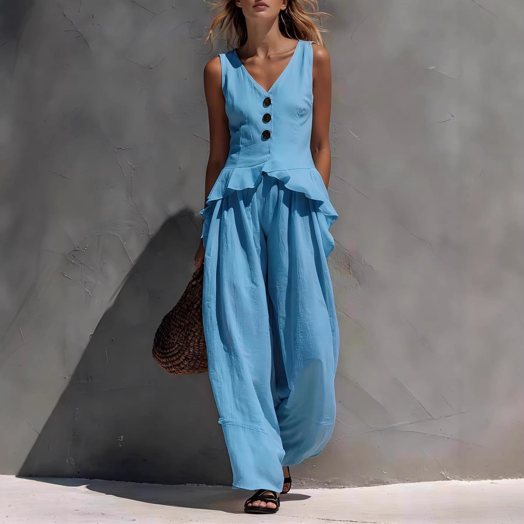 Sleeveless V-neck Ruffled Tank Top Draping Wide-leg Pants Two-piece Set 