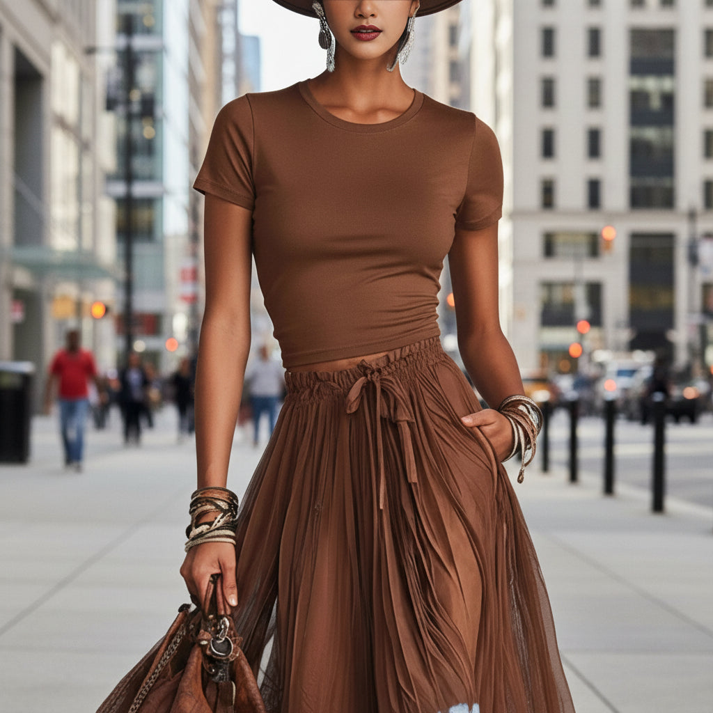 Short-sleeve Top And Lace-panel Midi Skirt Set 