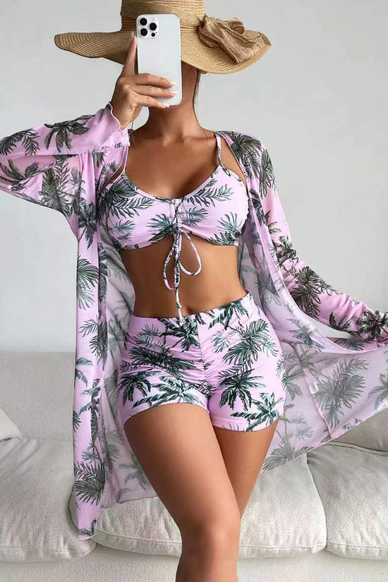 Fashionable Sexy Mesh Cover-Up with Leg-Length Briefs Three-Piece Swimwear Set for Women 