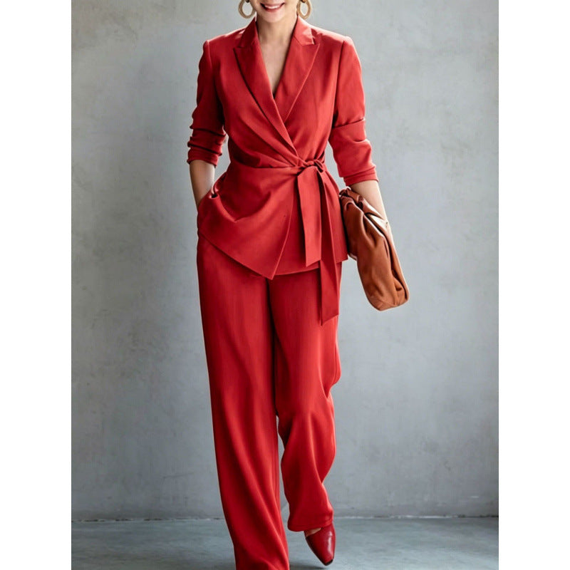 Women's casual solid color suit lace up top and pants two-piece set 