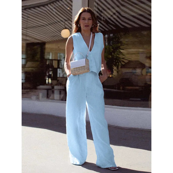 Women’s V‑Neck Button‑Front Vest & High‑Waist Pants Set 