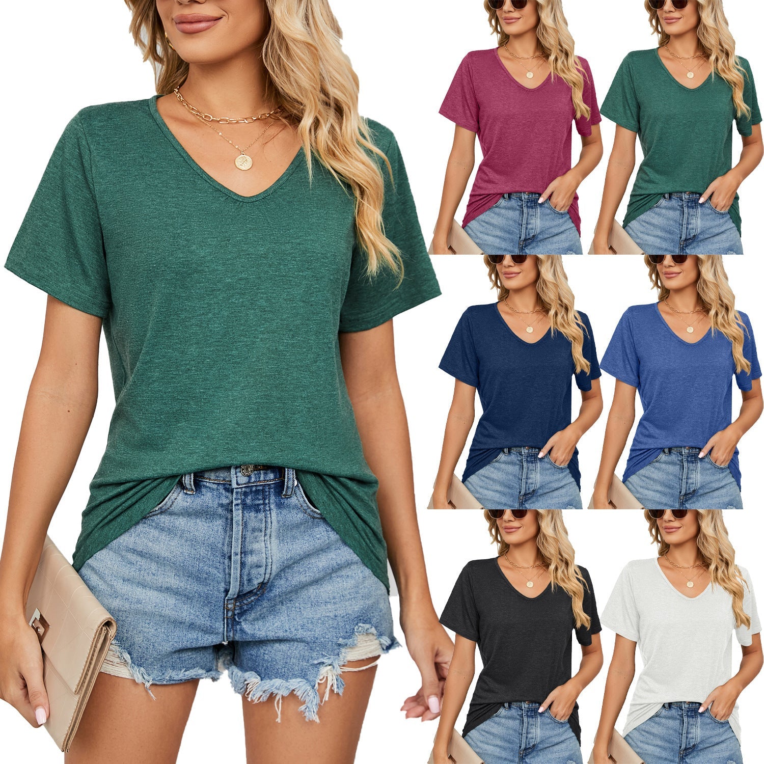Spring Summer New Short Sleeves V-neck Pleated Solid Color Loose-fitting T-shirt Top Women FitiqueFit