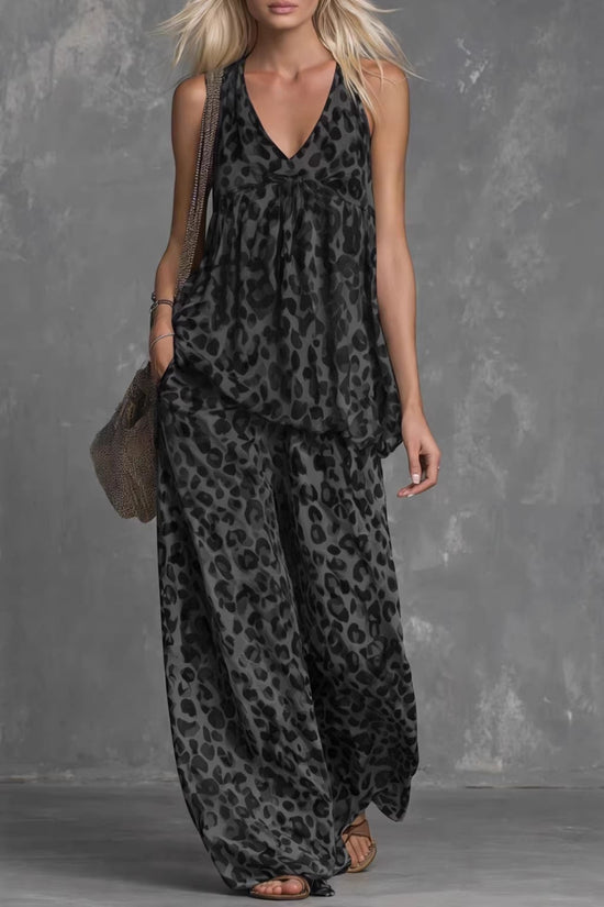 Womens Loose-Fitting Leopard-Print Sleeveless Top And Chiffon Pants Set 