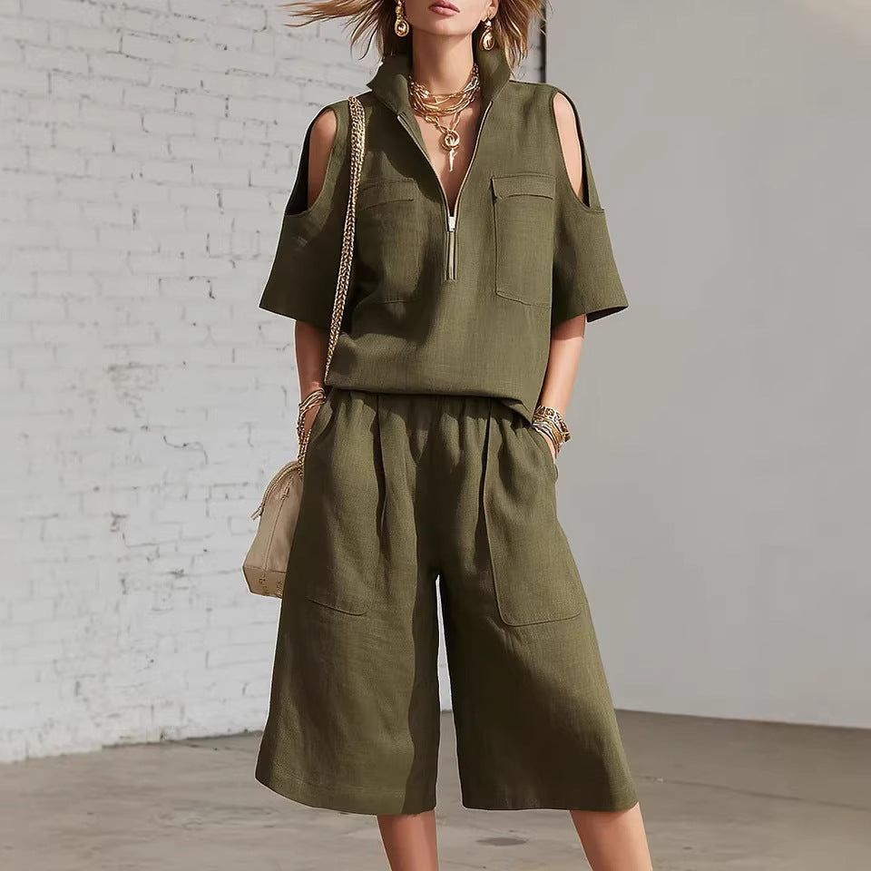 Womens Short-Sleeve Shirt And Shorts Loose Pants Two-Piece Set 