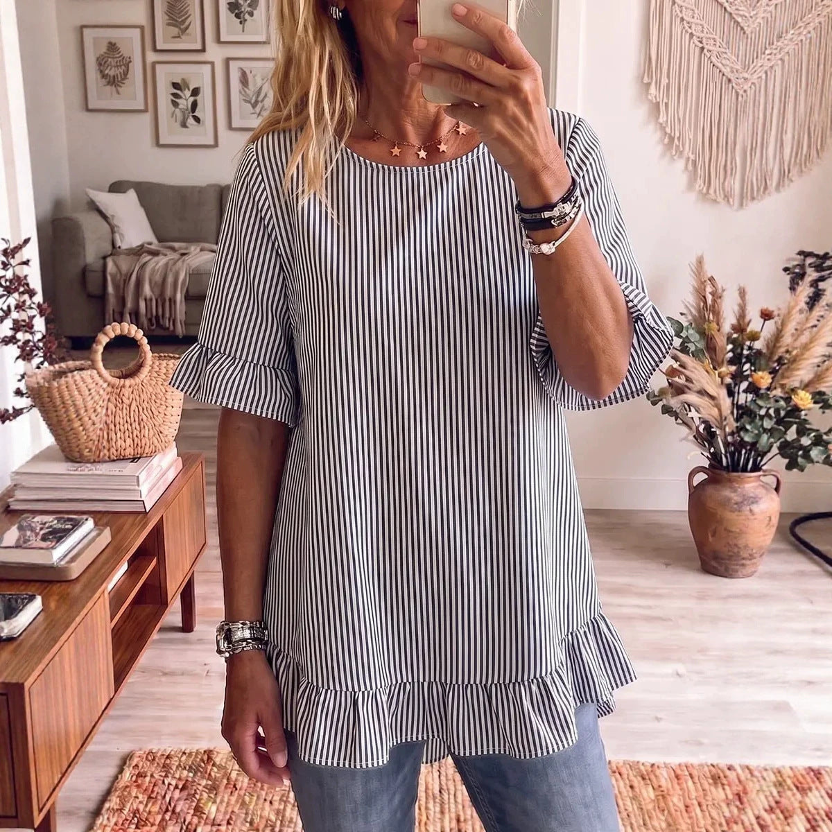 Womens Striped Loose-fit Casual Ruffled-edge Blouse 