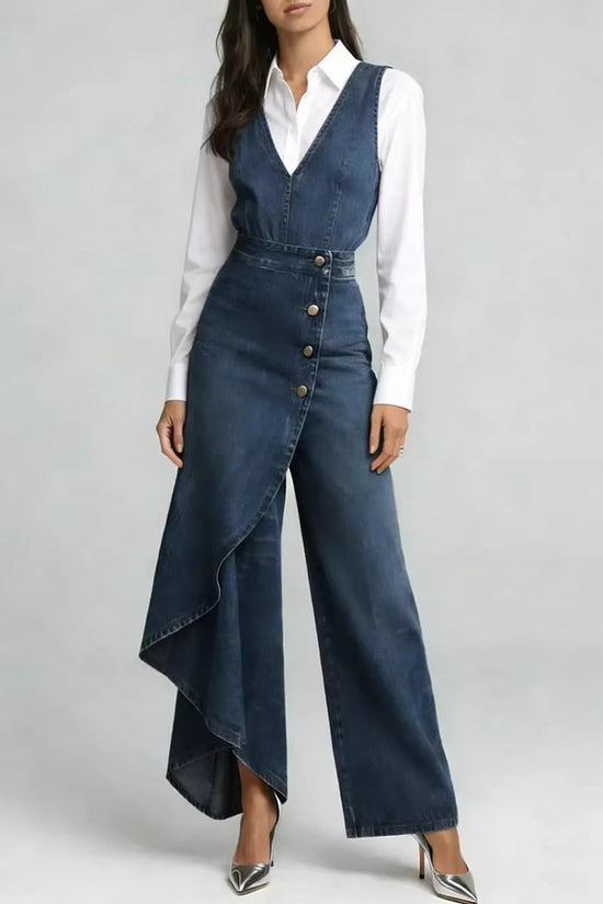 Western-style V-neck Asymmetrical Denim Jumpsuit 