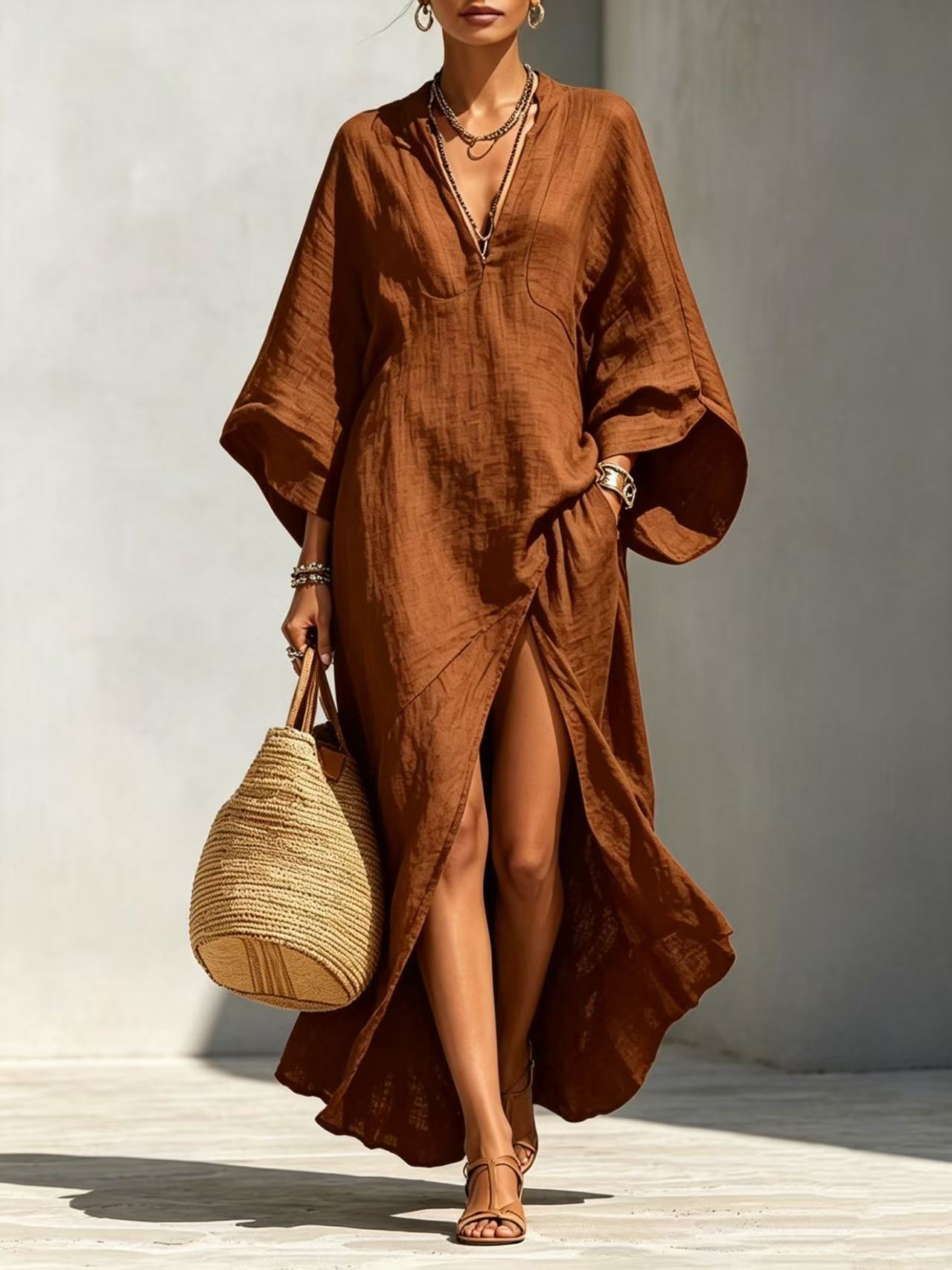 Batwing-sleeve Loose-fitting Maxi-length Resort Dress 