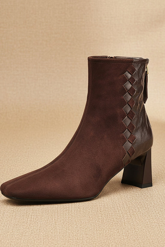 Womens Korean-style Square-toe Leather Chunky-heel Patchwork Ankle Boots 