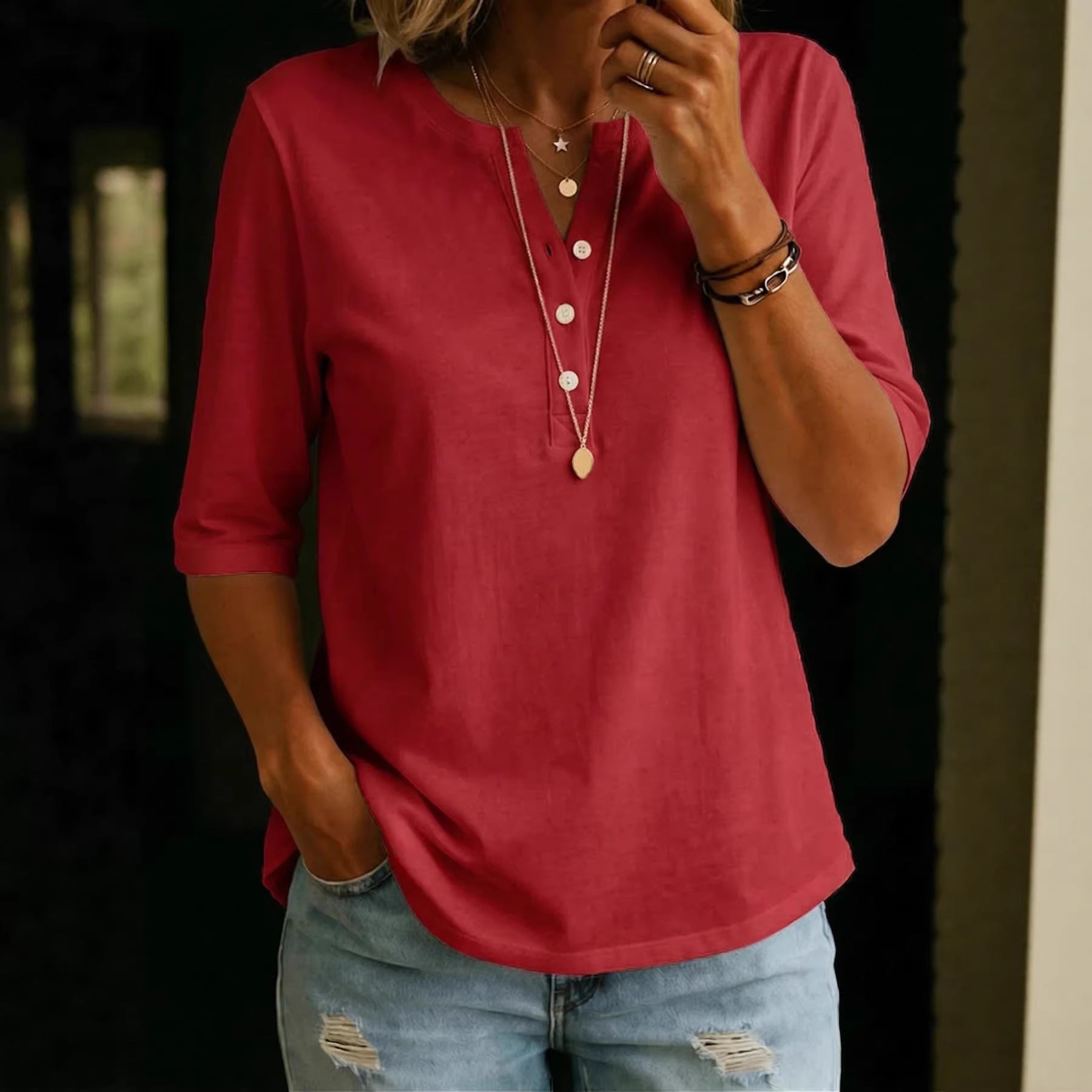 Classic Henley Neck Style Spring Summer New Women's Solid Color Button-Up Top 