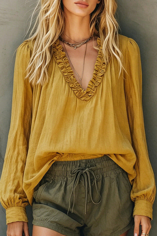 Women's New Ruffled V-Neck Long Sleeve Loose Shirt Casual Versatile Solid Color Linen-Cotton Top 