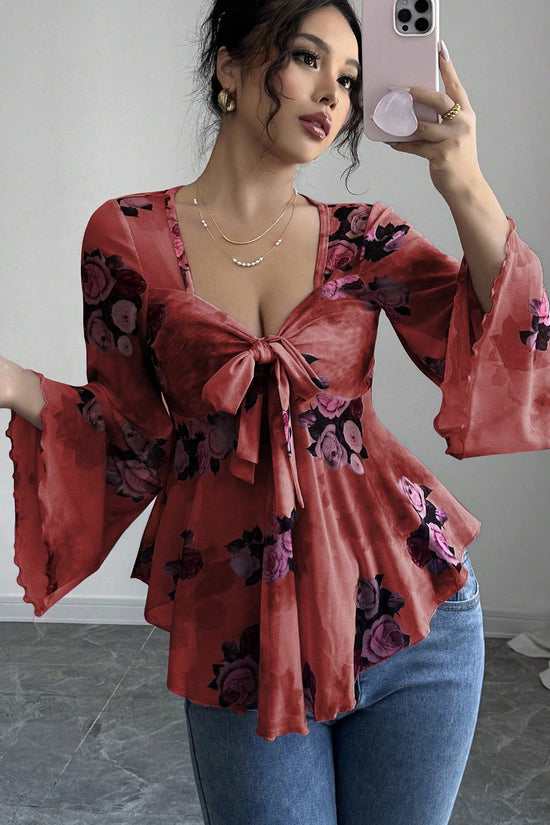 Sweet Floral Ombre Tie-Back Square Neck Long Sleeve Blouse 