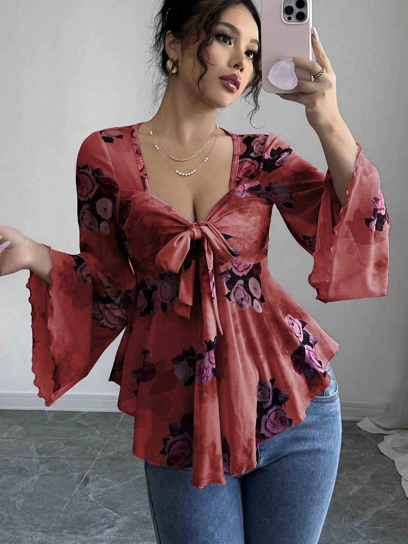 Sweet Floral Ombre Tie-Back Square Neck Long Sleeve Blouse 