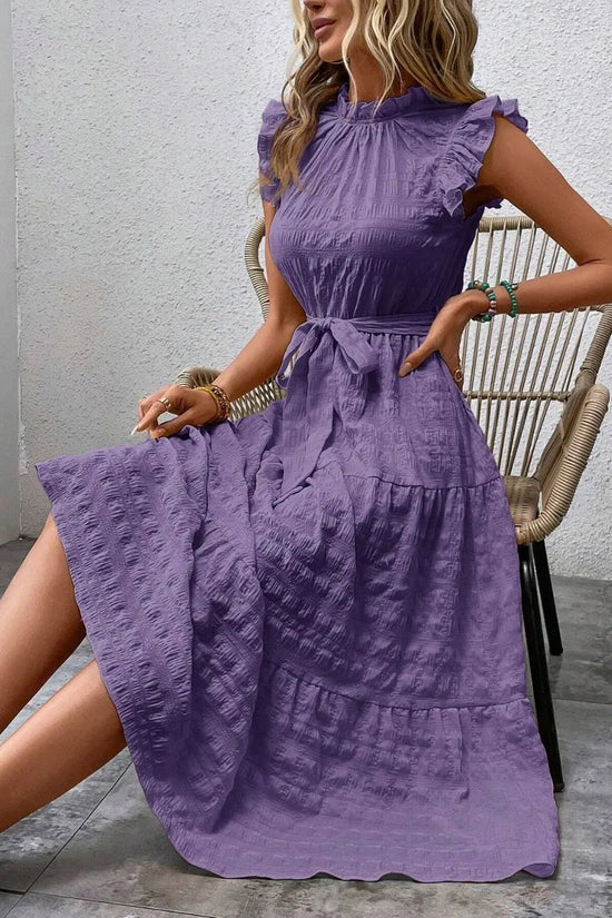 Tied Ruffled Cap Sleeve Midi Dress 