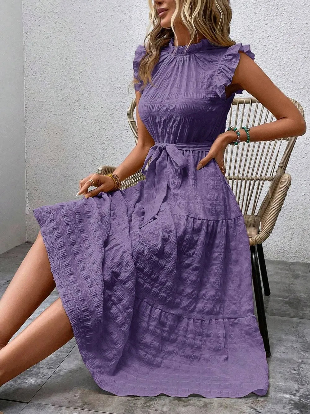 Tied Ruffled Cap Sleeve Midi Dress 