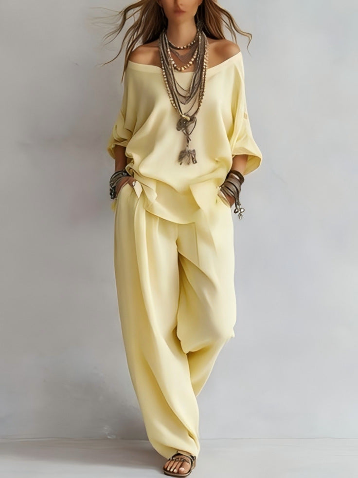 Chiffon Puff-Sleeve Top & Wide-Leg Pants Set – 15 Colors 
