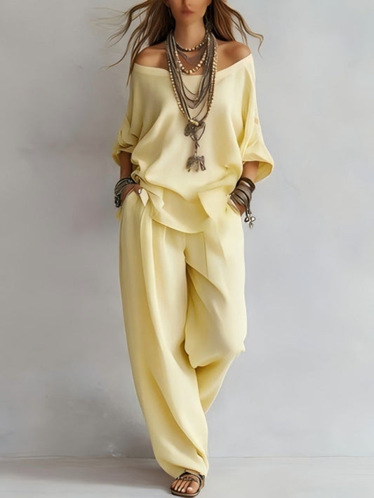 Chiffon Puff-Sleeve Top & Wide-Leg Pants Set – 15 Colors 