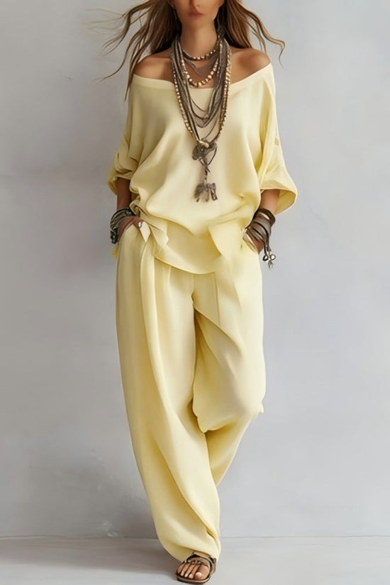 Off-Shoulder Cotton-Linen Wide-Leg Pants Set – 6 Colors, S–5XL 