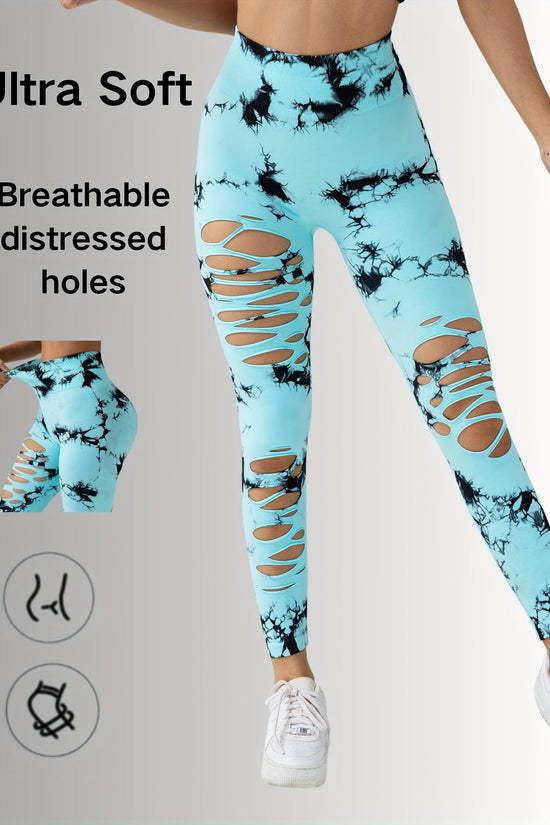 New Style Women's High-Waisted Yoga Leggings With Hollow-Out & Tie-Dye Design CJ US