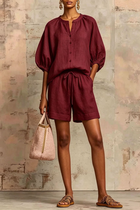 Fashionable Cotton-Linen Lantern-Sleeve Shirt And Mid-Waist Drawstring Shorts Set 