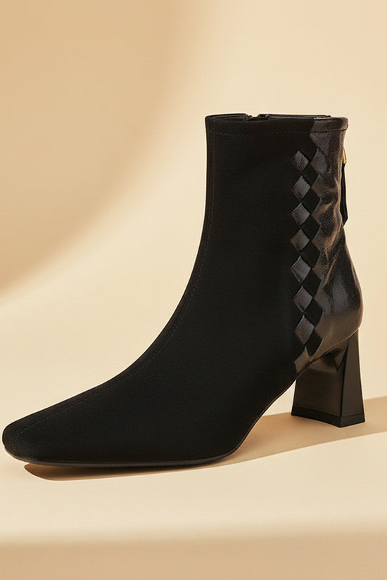 Womens Korean-style Square-toe Leather Chunky-heel Patchwork Ankle Boots 