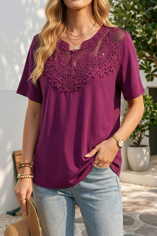 Hollow-out Pearl-trimmed Loose Short-sleeve T-shirt For Women 