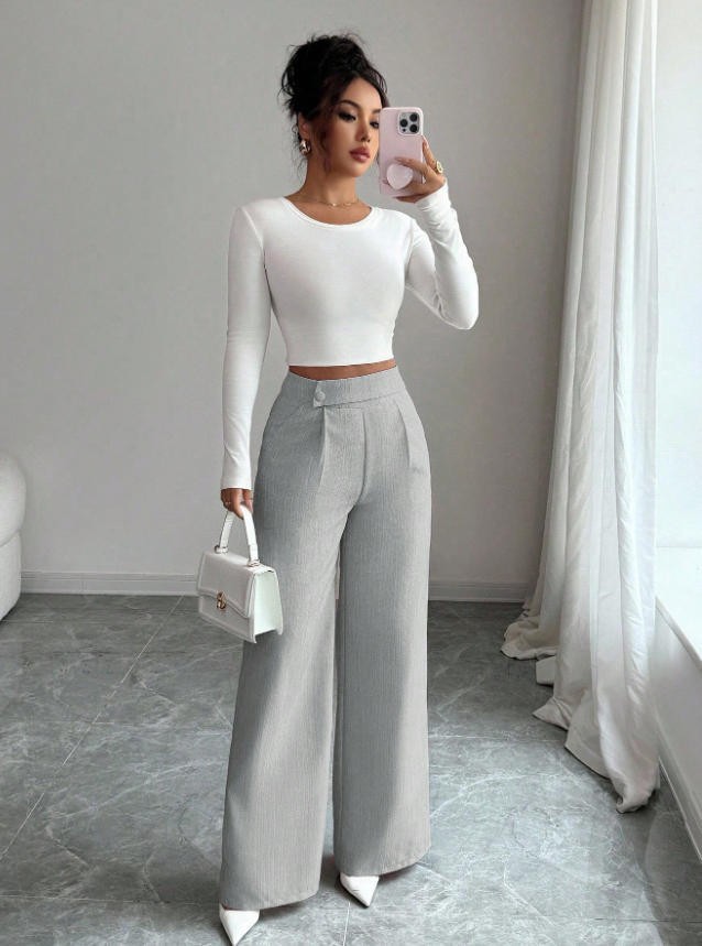 Womens Solid-color Casual All-match Long Pants With A Waist Panel Seam 