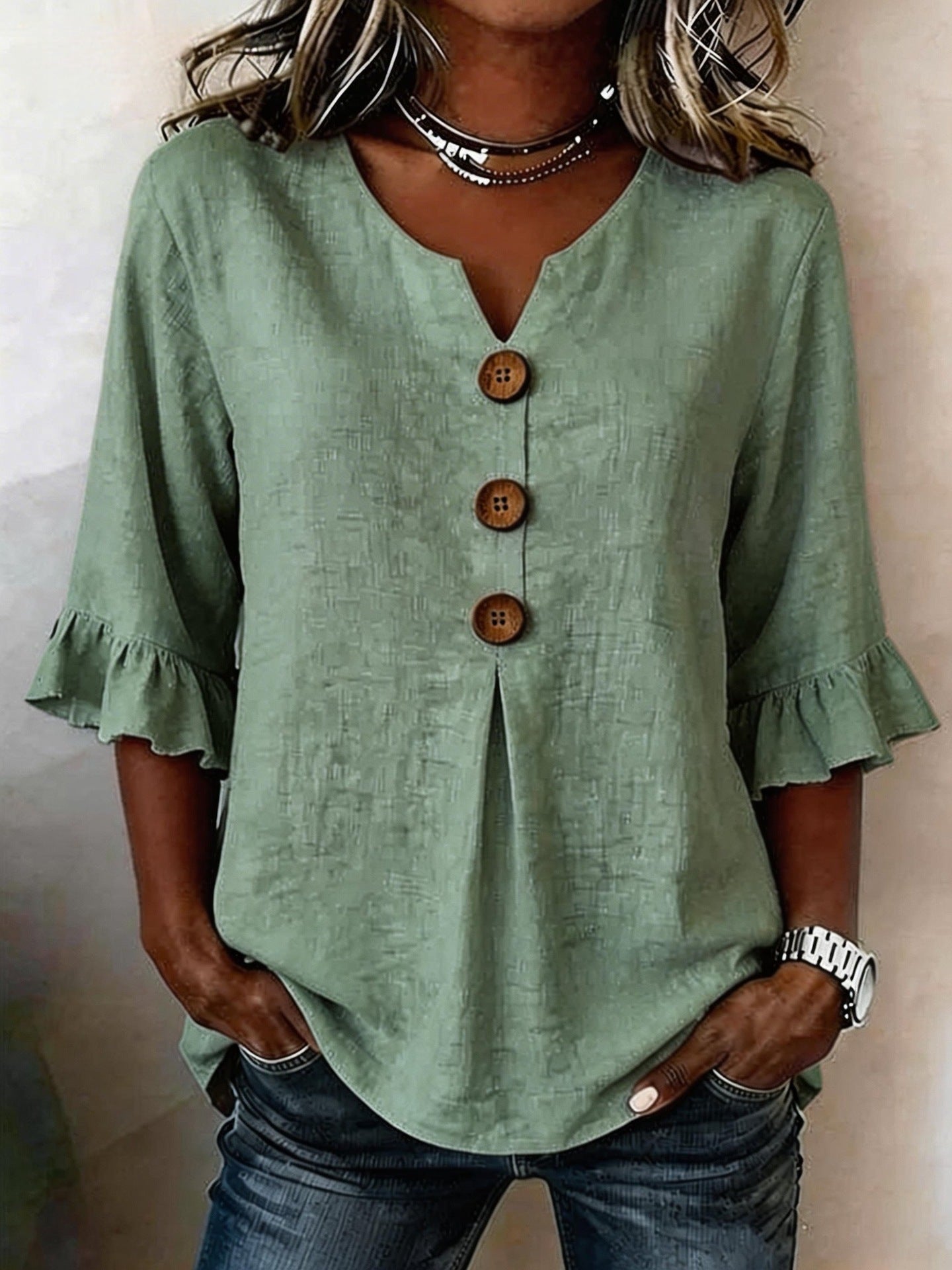 Fashionable Cotton Linen V-Neck Button-Up Blouse for Women Summer Casual Top 