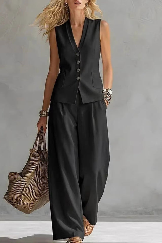 Womens Solid-Colored Sleeveless Casual Linen Tank Top And Pants Set 