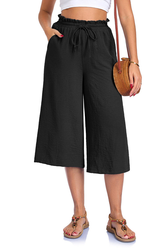 Women's Solid Color All-Match Elastic Cropped Pants Loose Wide-Leg Trousers 