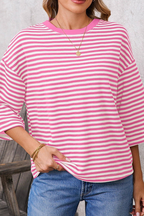 Round neck striped back tie bow pullover top 
