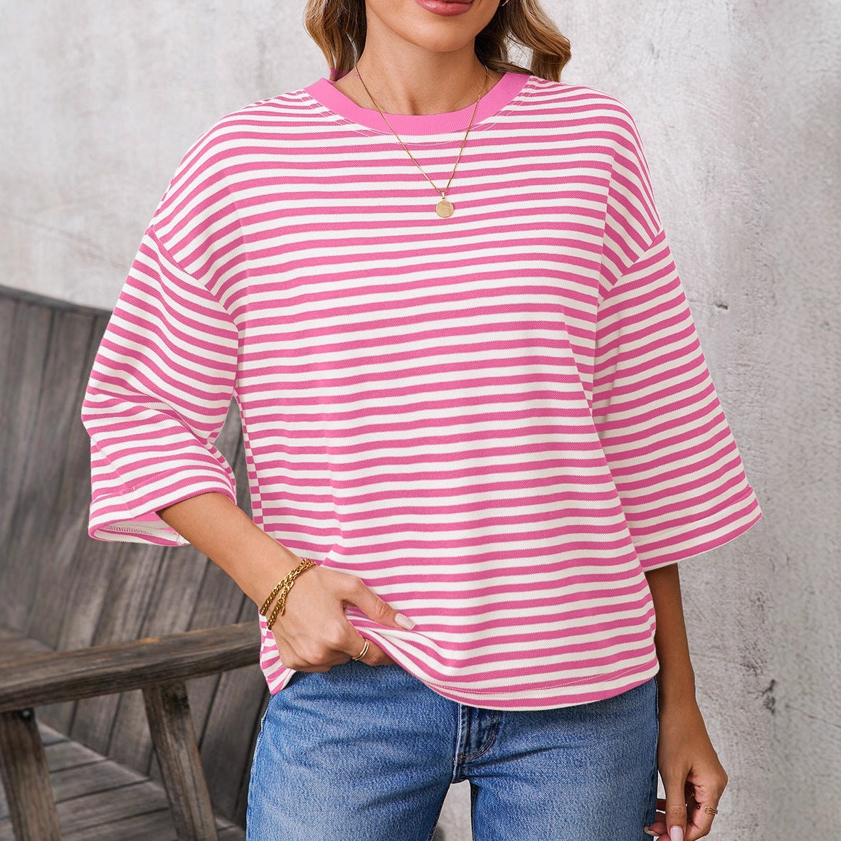 Round neck striped back tie bow pullover top 