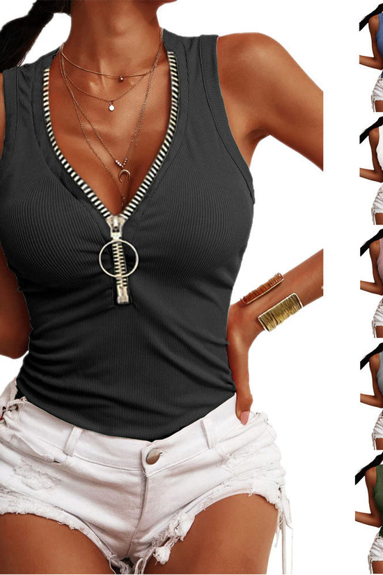 Threaded Zipper Slim-fit Vest Top T-shirt 