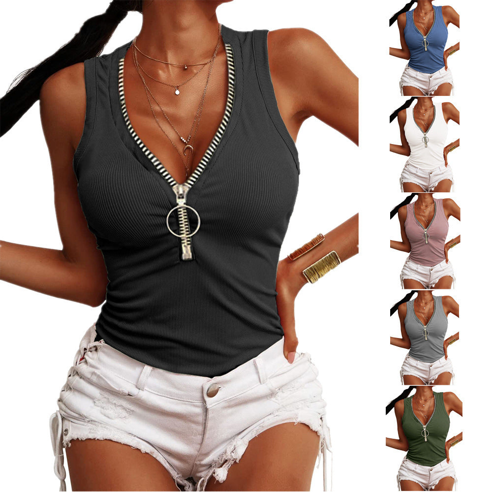 Threaded Zipper Slim-fit Vest Top T-shirt 
