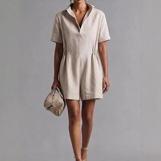 Womens Casual Long-Sleeve Lapel-Neck Split Jumpsuit 