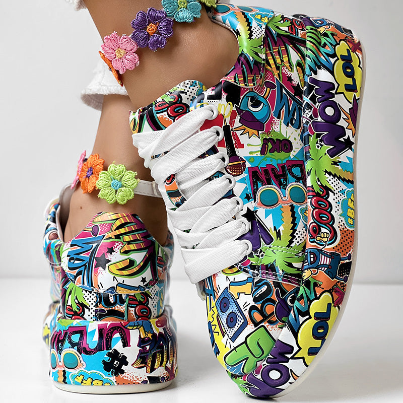 Women's Casual Round Toe Thick Sole Lace-Up Sneakers, Random Print Design, Comfortable Sporty Shoes For Daily Wear CJ US