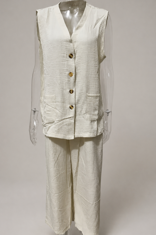 Women's Solid Linen Sleeveless Tank Top & Full-Length Pants Set 