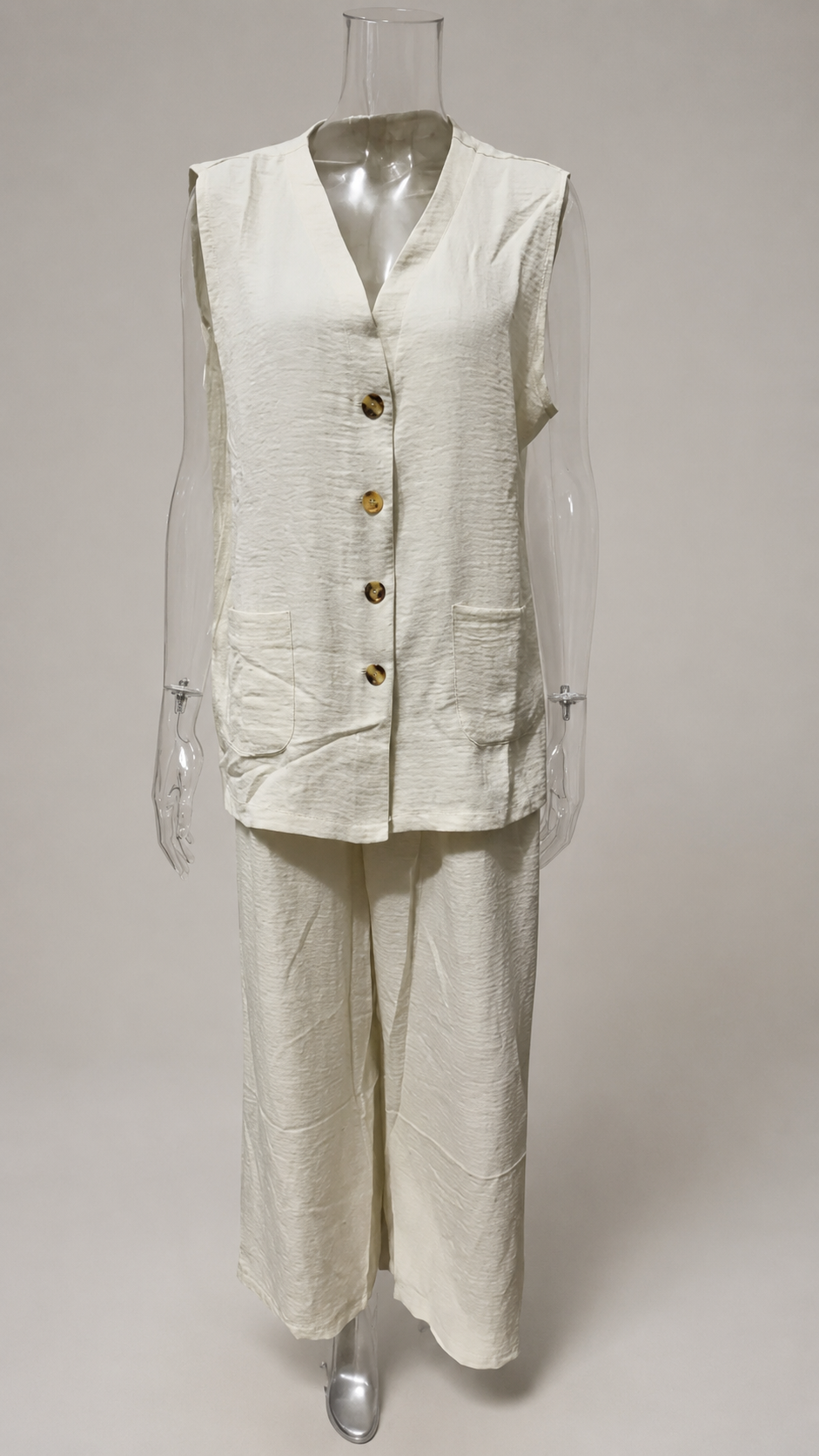Women's Solid Linen Sleeveless Tank Top & Full-Length Pants Set 