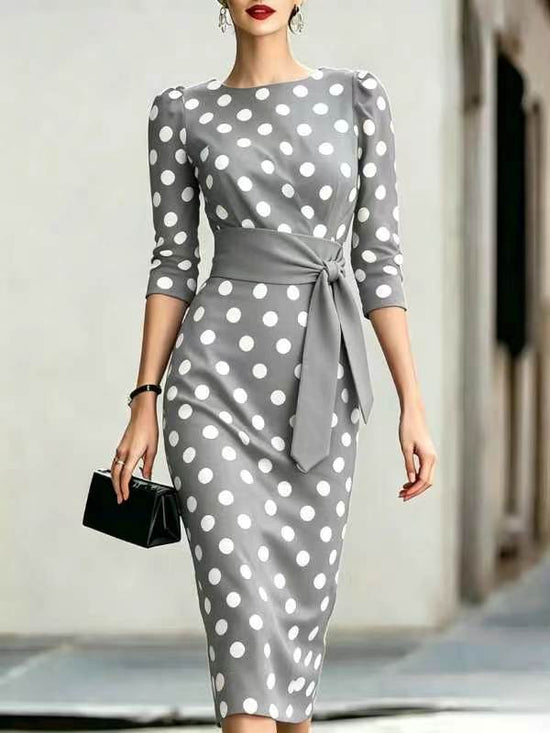 Retro Polka-dot Navy Blue Belted Waist-hugging Elegant Dress 