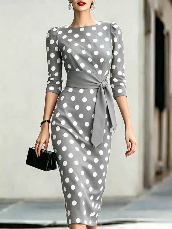 Retro Polka-dot Navy Blue Belted Waist-hugging Elegant Dress 