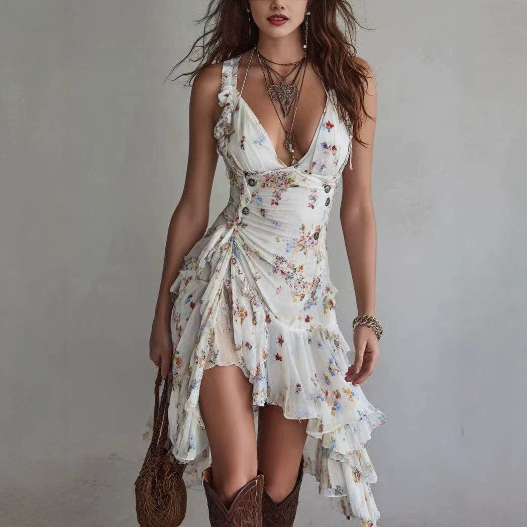 Elegant Women's Chiffon Floral Print Strap V-Neck Ruffled Dress 