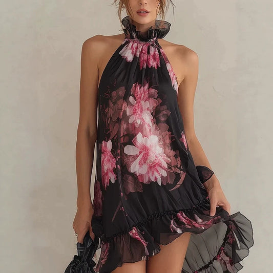 Summer New Women's Chiffon Printed Off-Shoulder Sexy Dress 