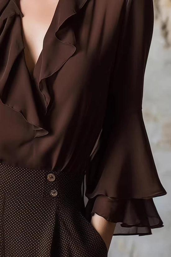 Charming Ruffle Blouse for Women, V-Neck Long Sleeve Shirt Elegant Style Feminine Top 
