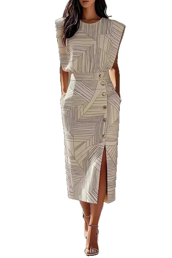 Fashion ampPrinted Sleeveless Top with Slit Long Dress Set 