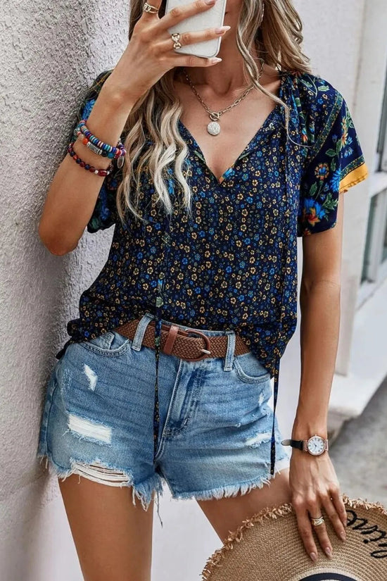 Printed Tie Neck Short Sleeve Blouse 