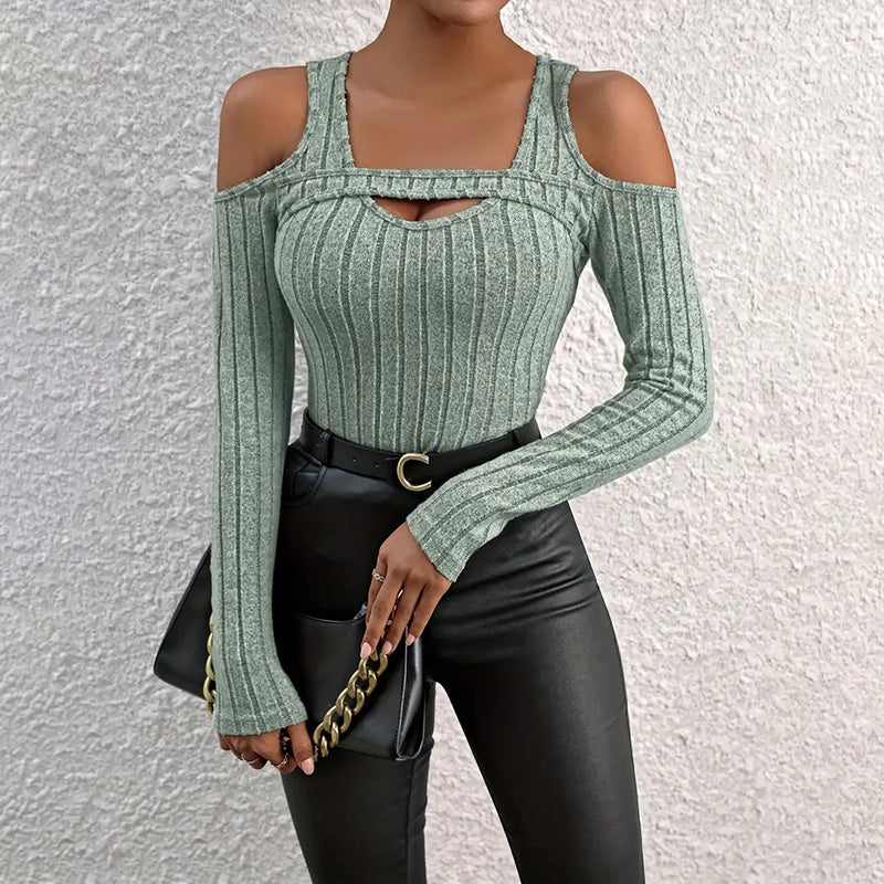 Women's Ribbed Long Sleeve Top Cut Out Front Detail Fitted Sexy Tee Casual Dressy T-Shirt Tops CJ US