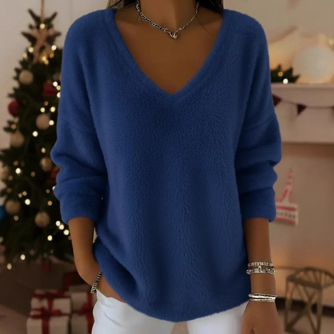 New Womens Plush Pullover With A Drop-shoulder V-neck And Long Sleeves 