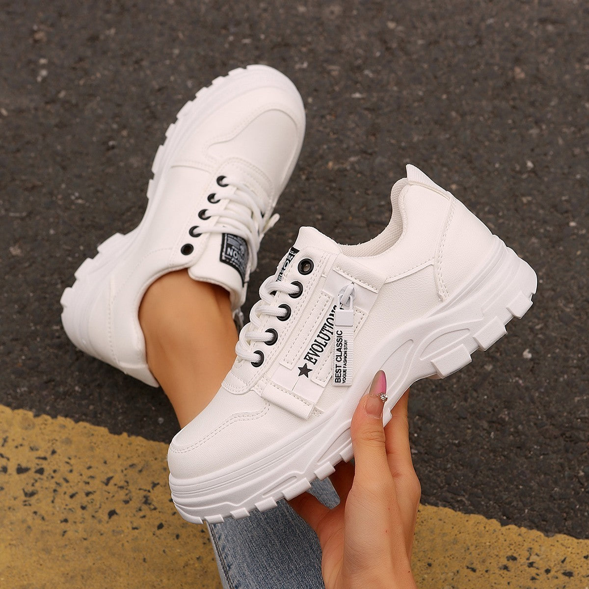 Lace-up Sports Shoes With Side-Zipper Design Fashion Thick-soled Round-toe Casual Shoes For Women Sneakers CJ US