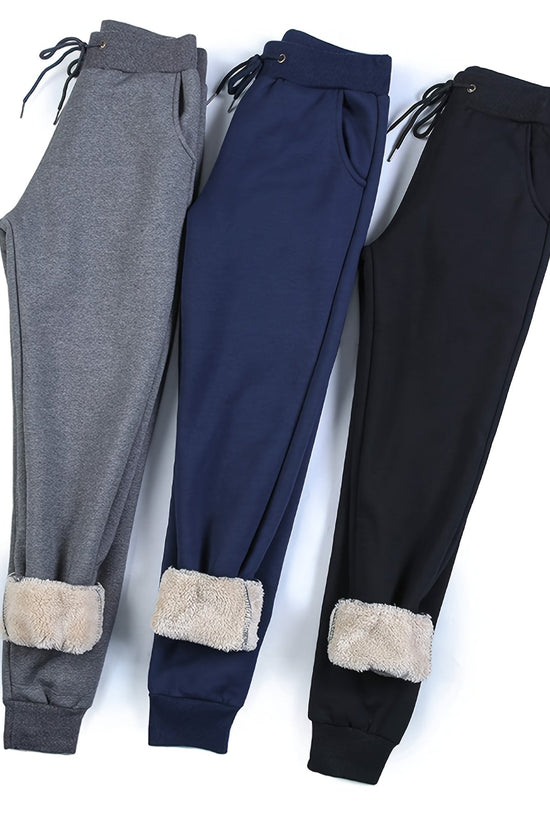 Women's Fleece Sweatpants Jogger Fleece Pants With Drawstring Waist, Boyfriend Style, Long, Solid Color, Slightly Stretchy Fabric 