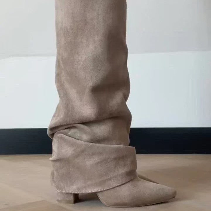 Pointed Toe Straight Tube Pleated Metal Buckle Mid-Calf Boots for Women, Chunky Heel Pipe Boots, Wide Size Available 
